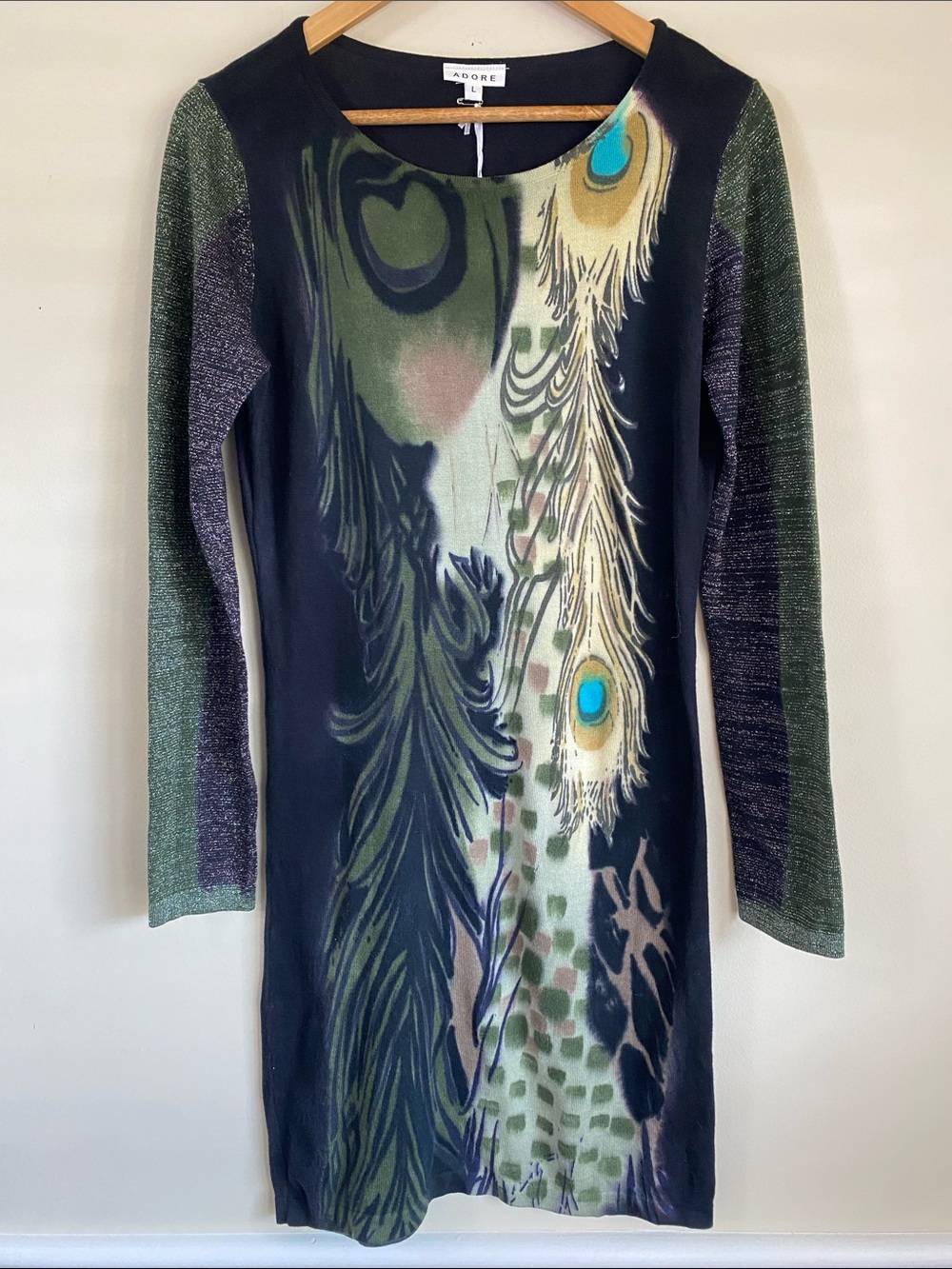 Adore Green Peacock-Print Long Sleeve Dress